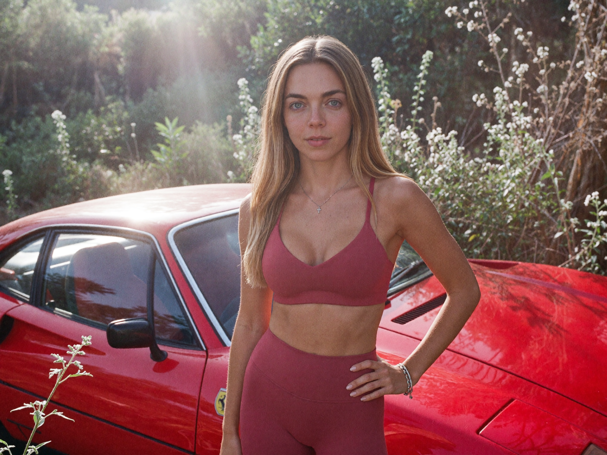 adara.active — woman in Cherry Red Bold sports bra and flared leggings, standing beside a red Ferrari in sunlit overgrown foliage